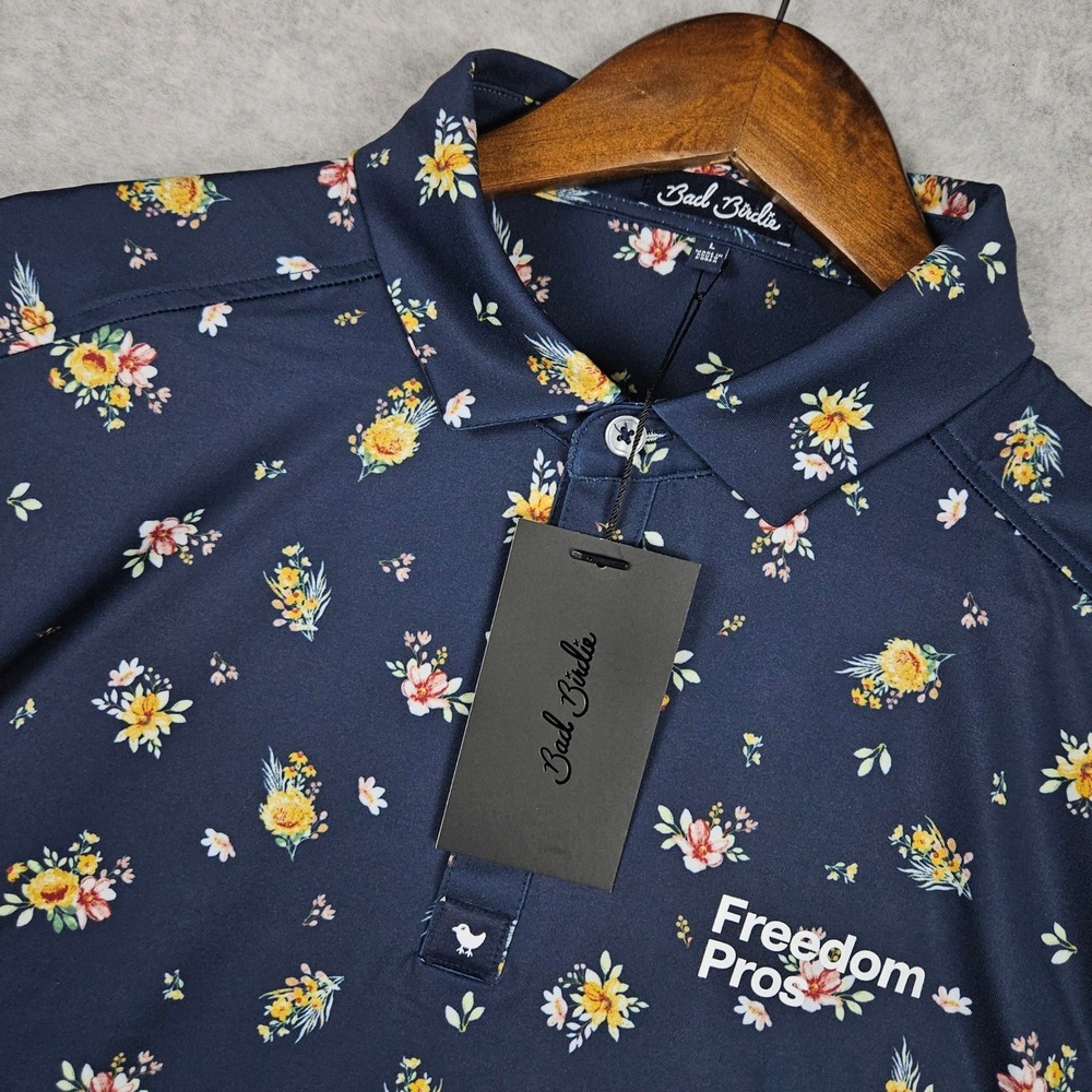 Bad Birdie Men's Large Blue Floral Polo Freedom Pros Bouquet 24 Golf Performance